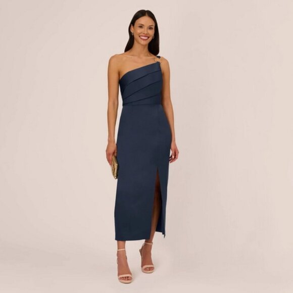 Adrianna Papell Dark Navy Blue Pleat One-Shoulder Cocktail Dress - Picture 1 of 2